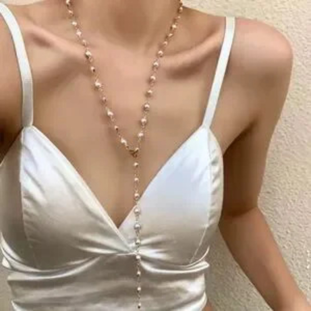 White Satin Crop Top with Pearl Necklace